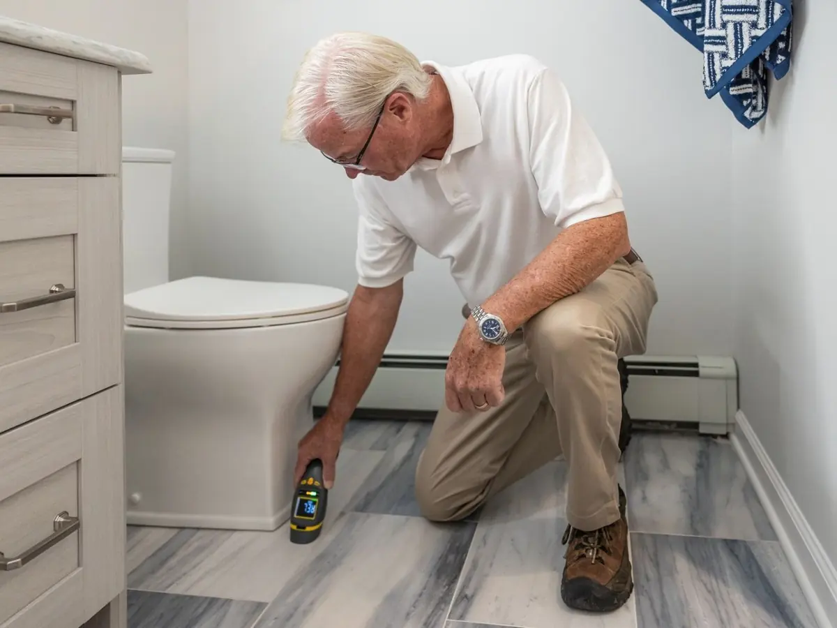 Technician inspecting the plumbing in a residential bathroom