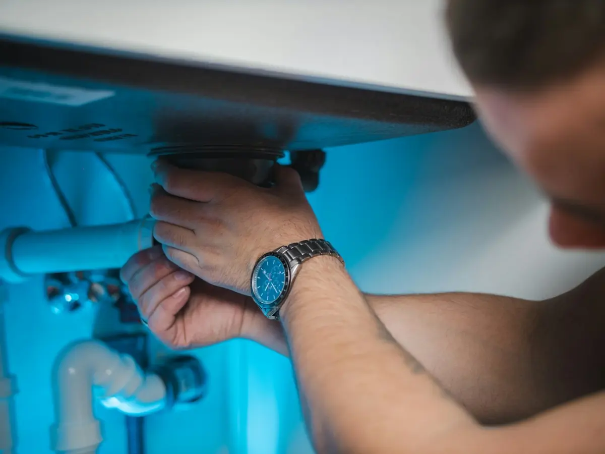 Technician working on the piping beneath a water heater during an urgent repair