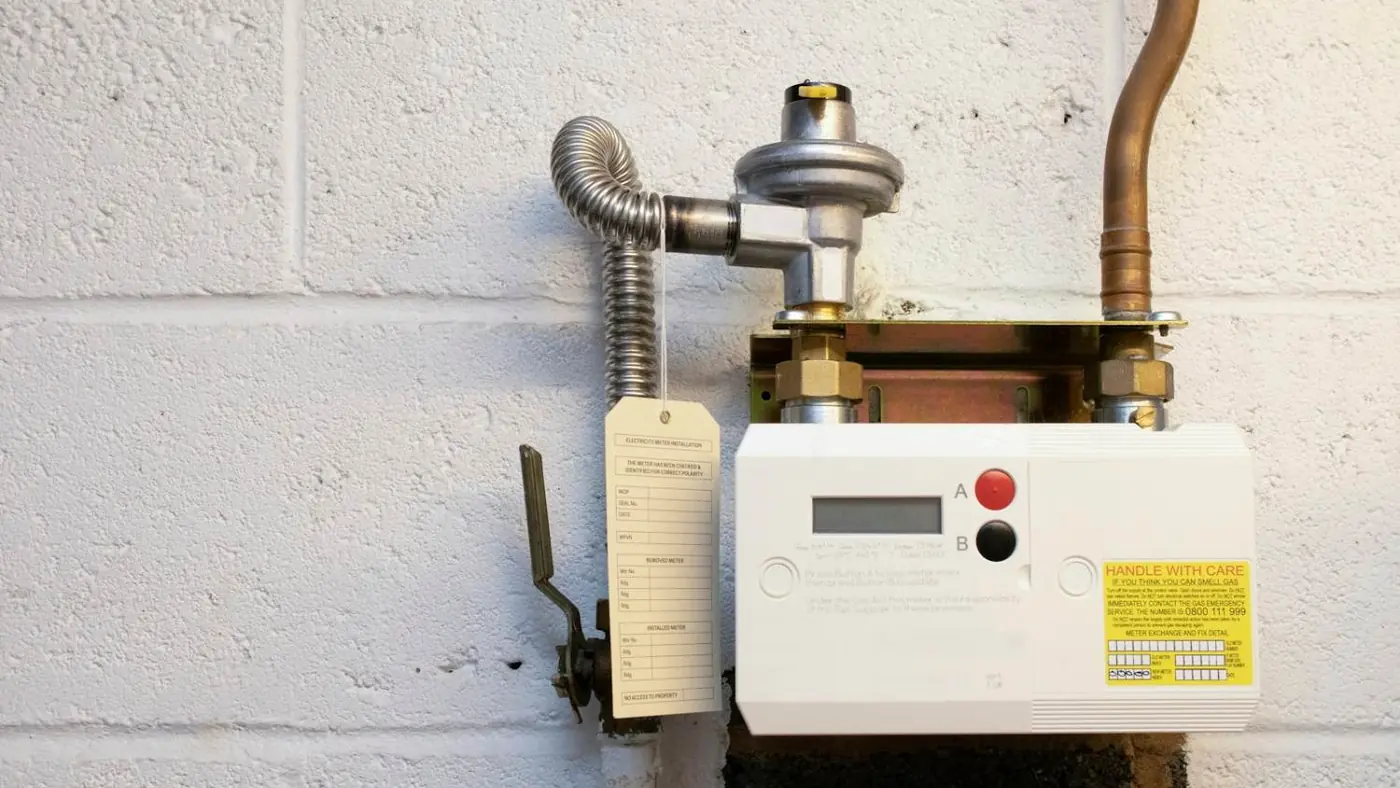 Residential gas meter and regulator on a basement wall