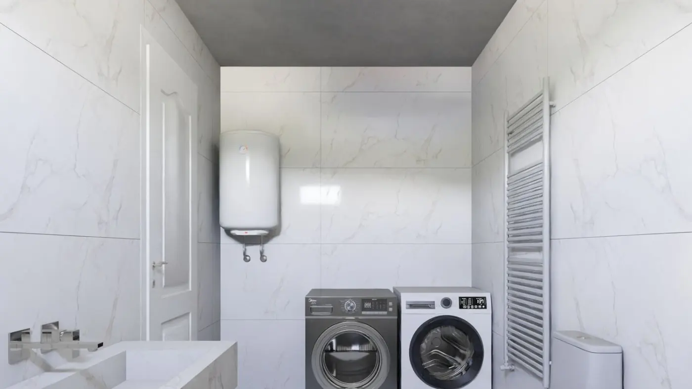 Compact wall-mounted water heater installed in a modern bathroom